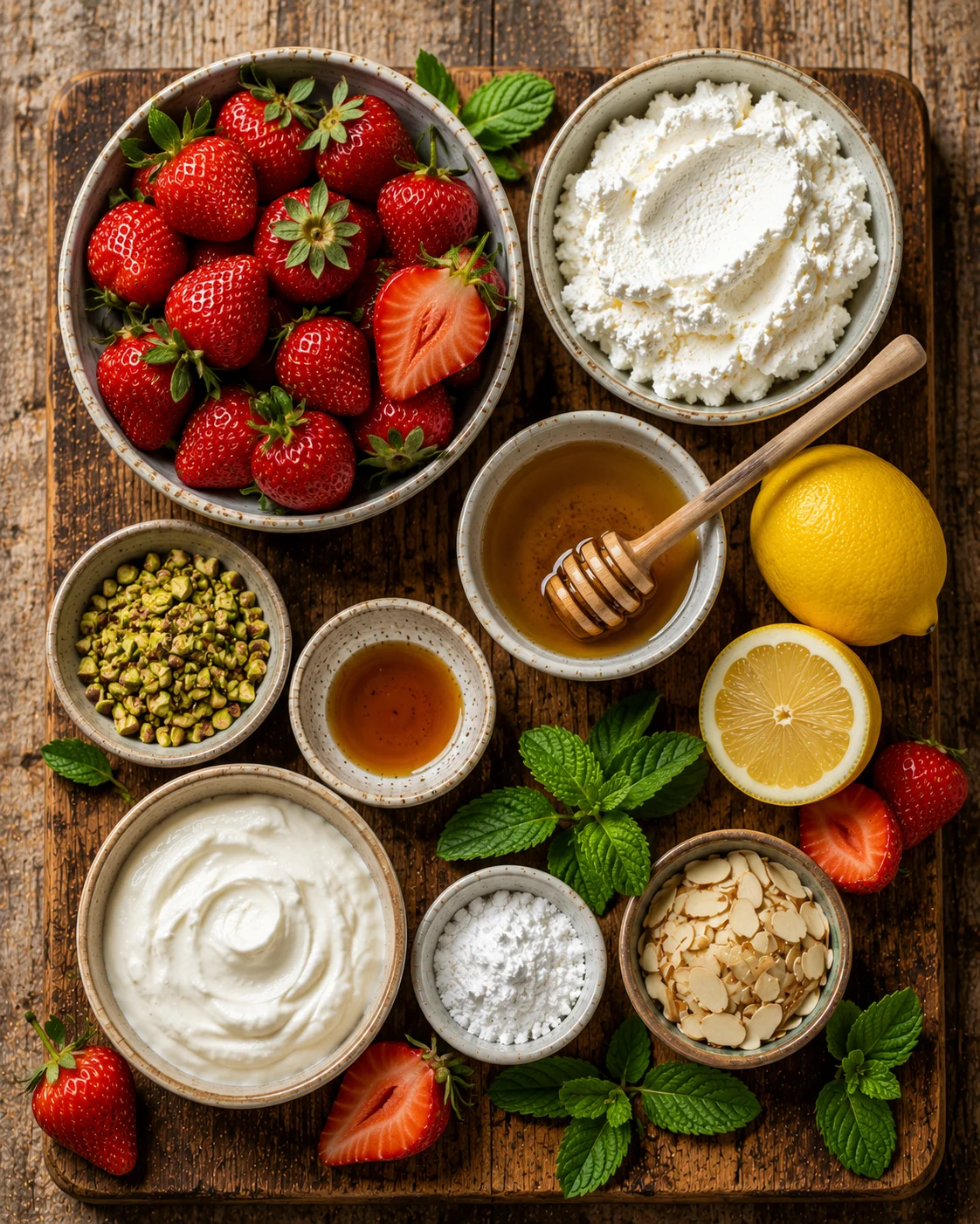 🍓 Verrines Fraises Ricotta & Miel ingrédients disposés sur une table en bois