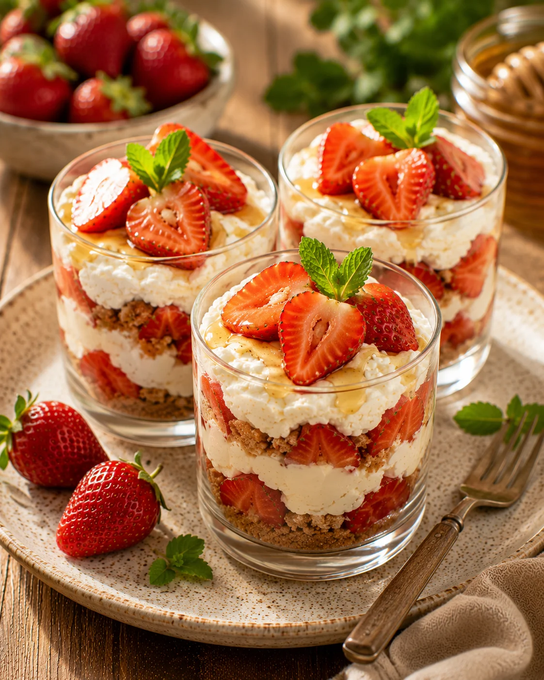 🍓 Verrines Fraises Ricotta & Miel dressées élégamment sur plateau en ardoise