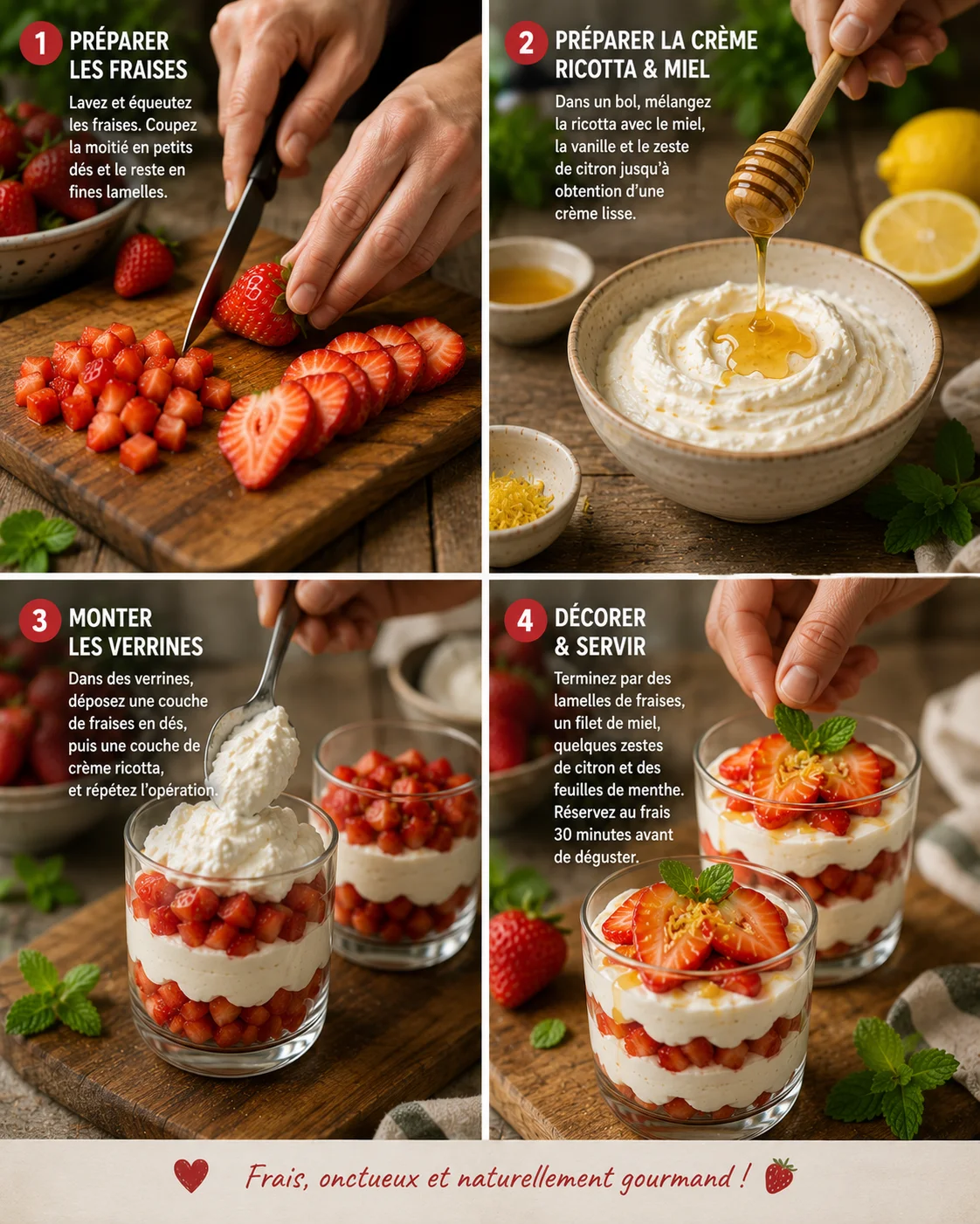 🍓 Verrines Fraises Ricotta & Miel étapes de préparation couche par couche