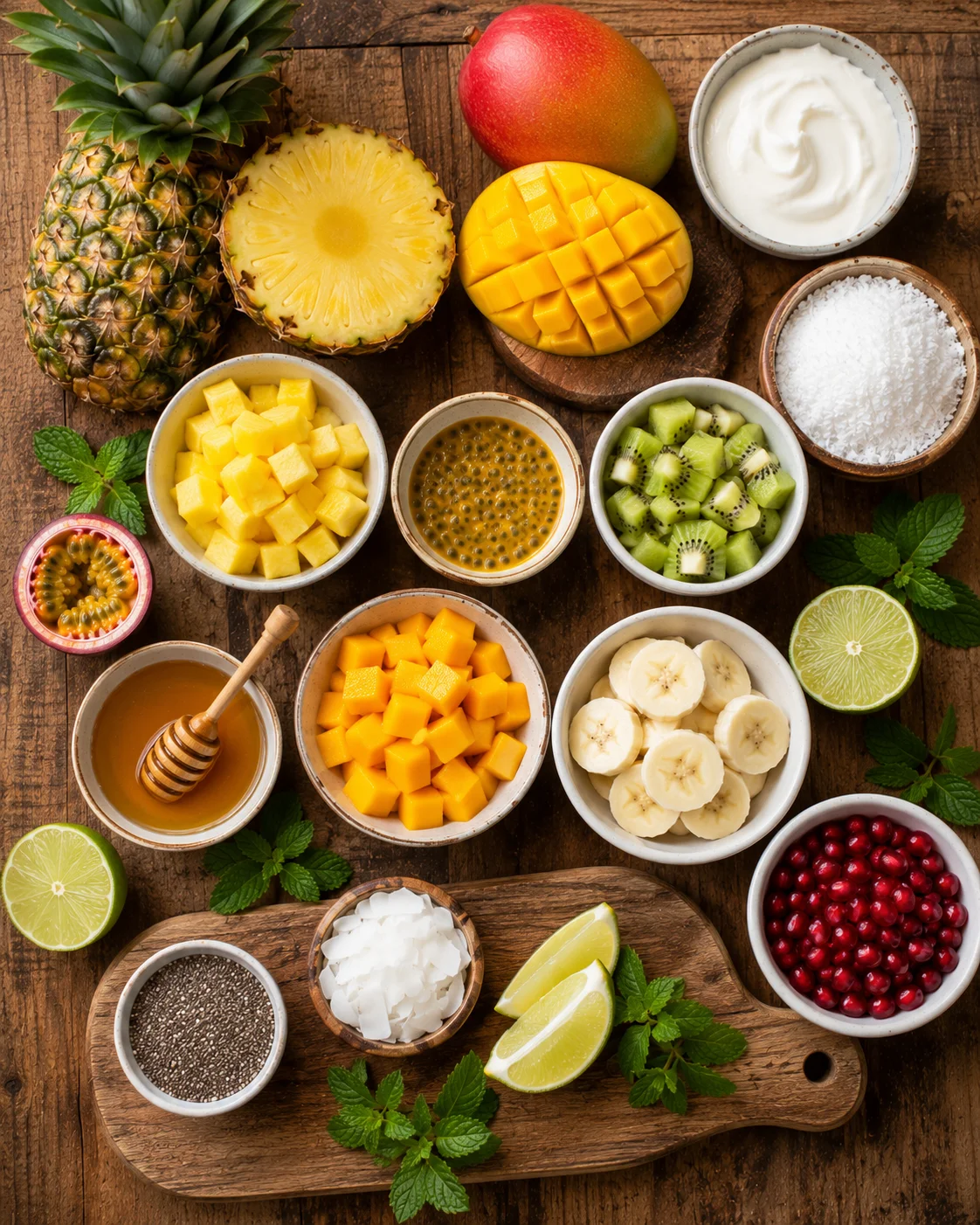 Ingrédients pour verrines fruits exotiques : mangue, passion, noix de coco, crème