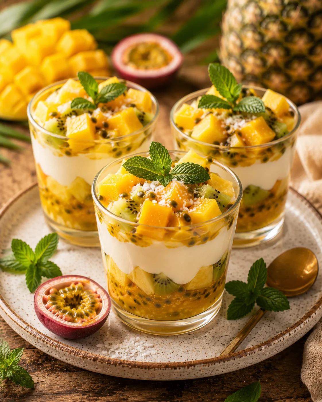 Verrines fruits exotiques servies en présentation élégante sur plateau