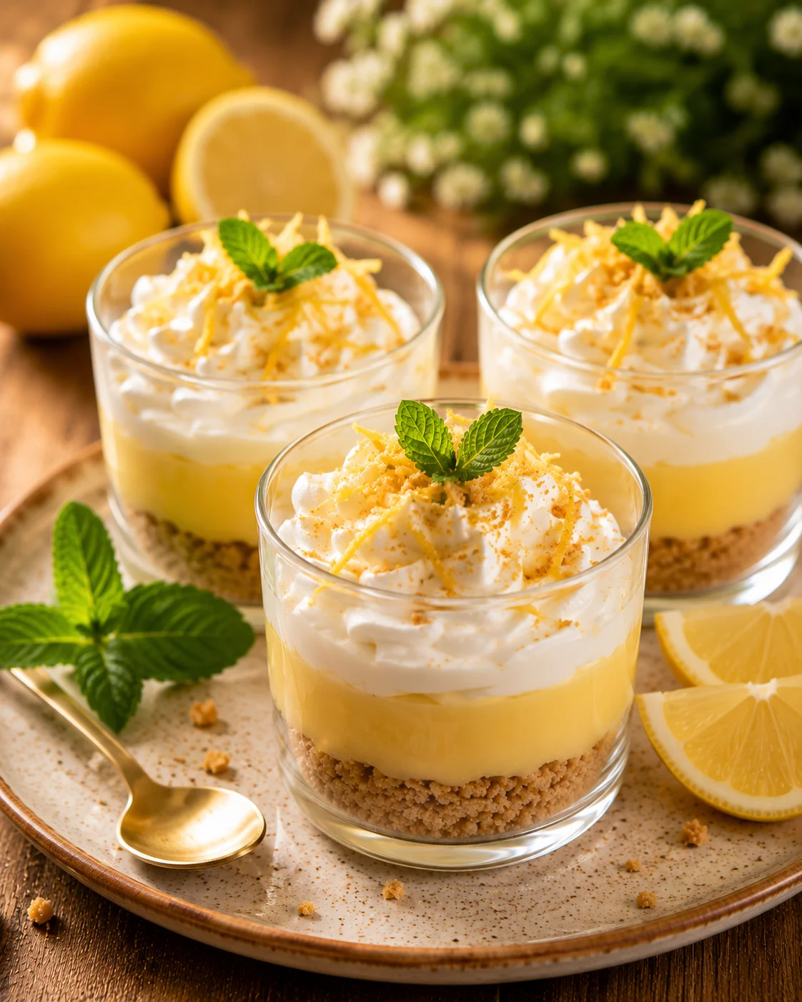 Verrines Lemon Pie présentées sur un plateau de service avec zestes et menthe