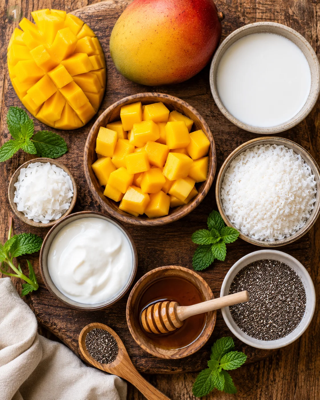 Ingrédients pour verrines mangue coco disposés sur une table en bois