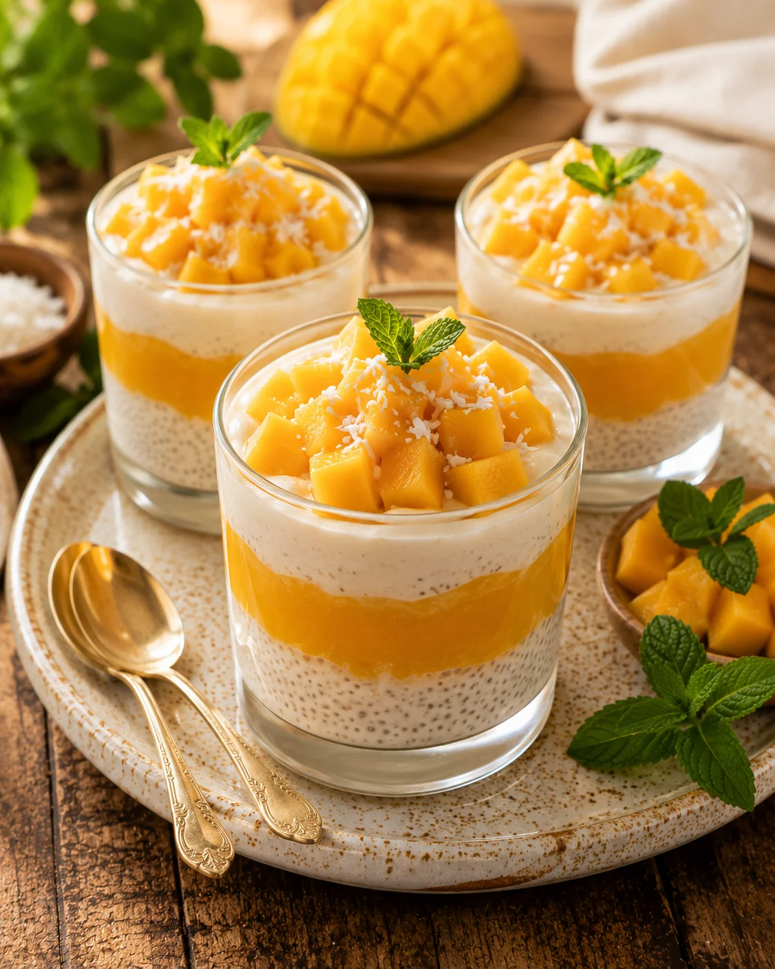 Verrines mangue coco servies et décorées avec copeaux de coco et menthe