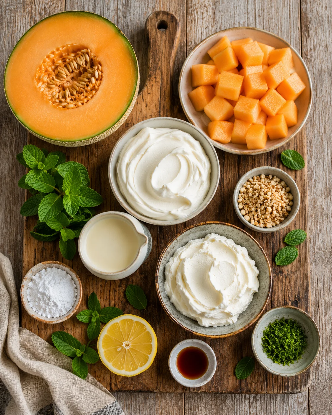 Ingrédients pour verrines melon mascarpone disposés sur une surface en bois