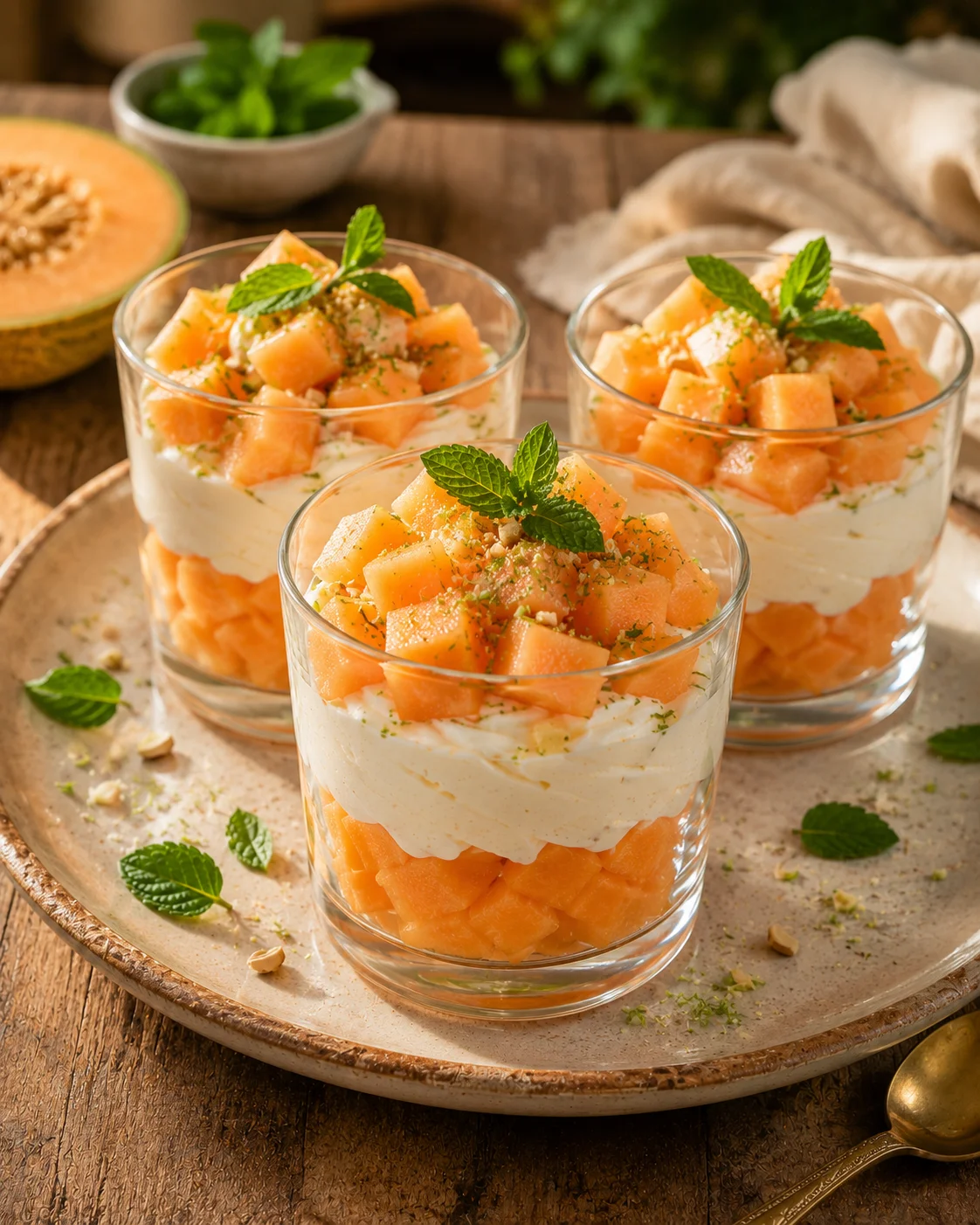 Verrines melon mascarpone servies sur une table d'été avec décoration menthe et citron vert
