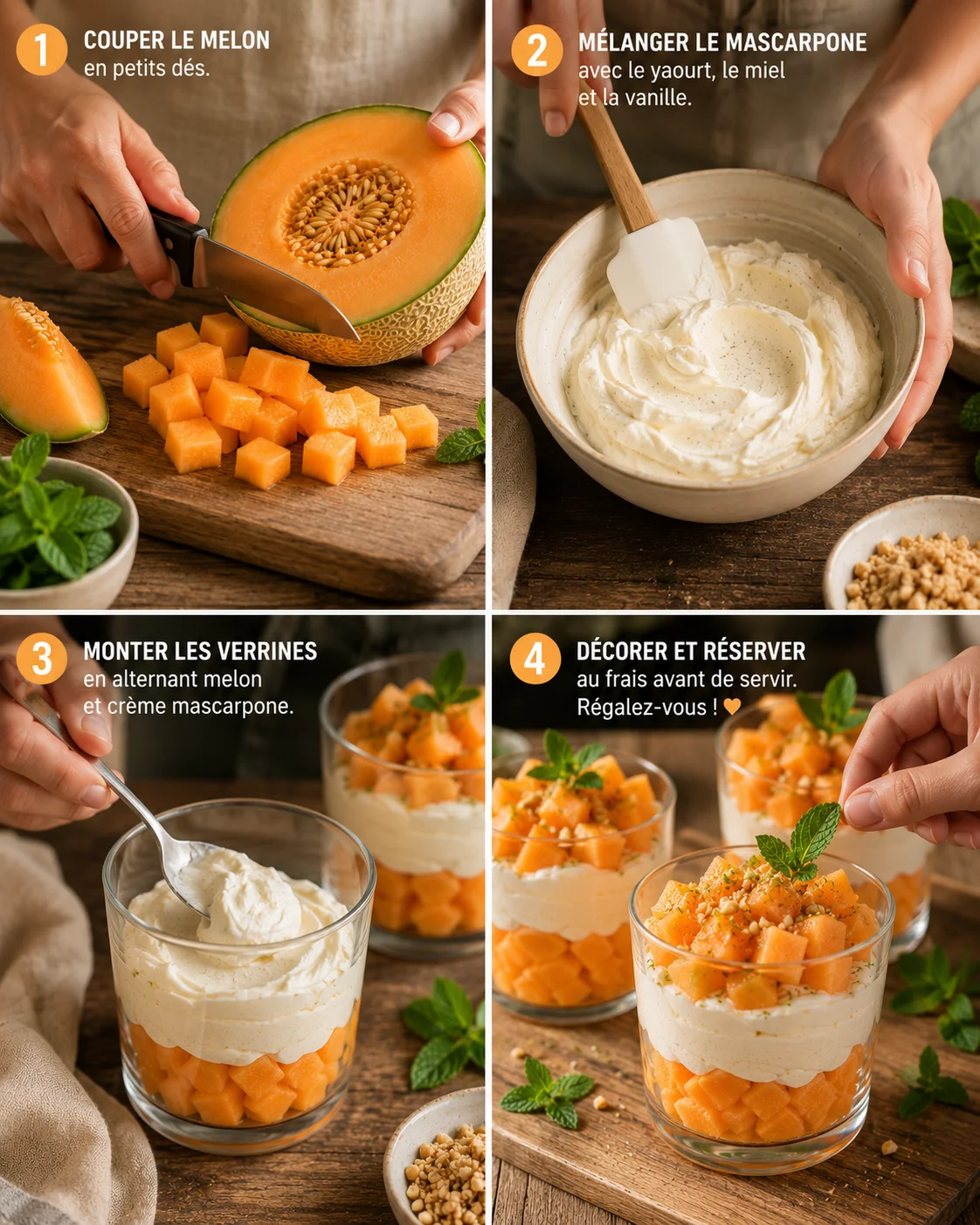 Dressage étape par étape des verrines melon mascarpone avec poche à douille