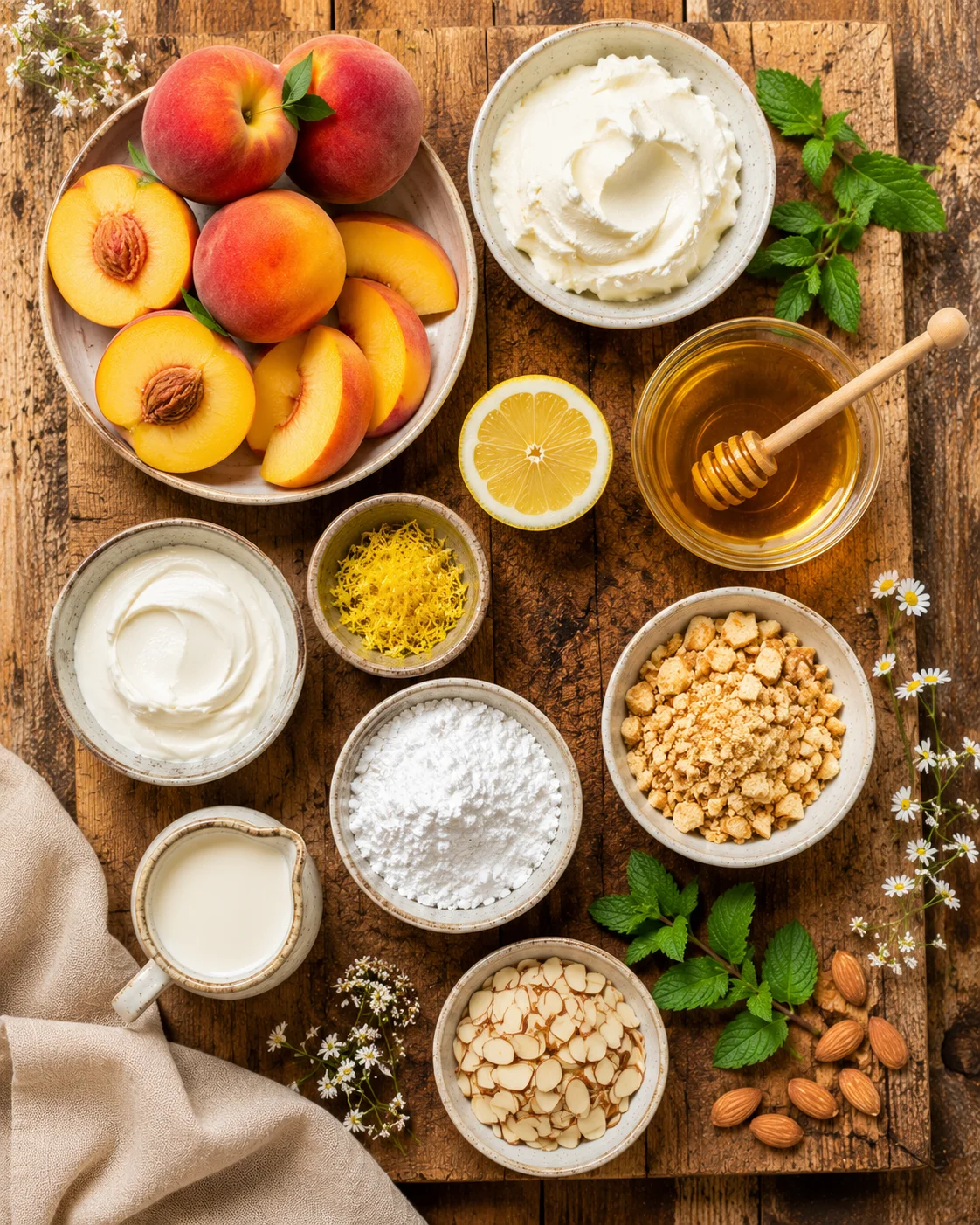 Ingrédients pour Verrines Pêche Mascarpone & Miel : pêches fraîches, mascarpone, miel et vanille