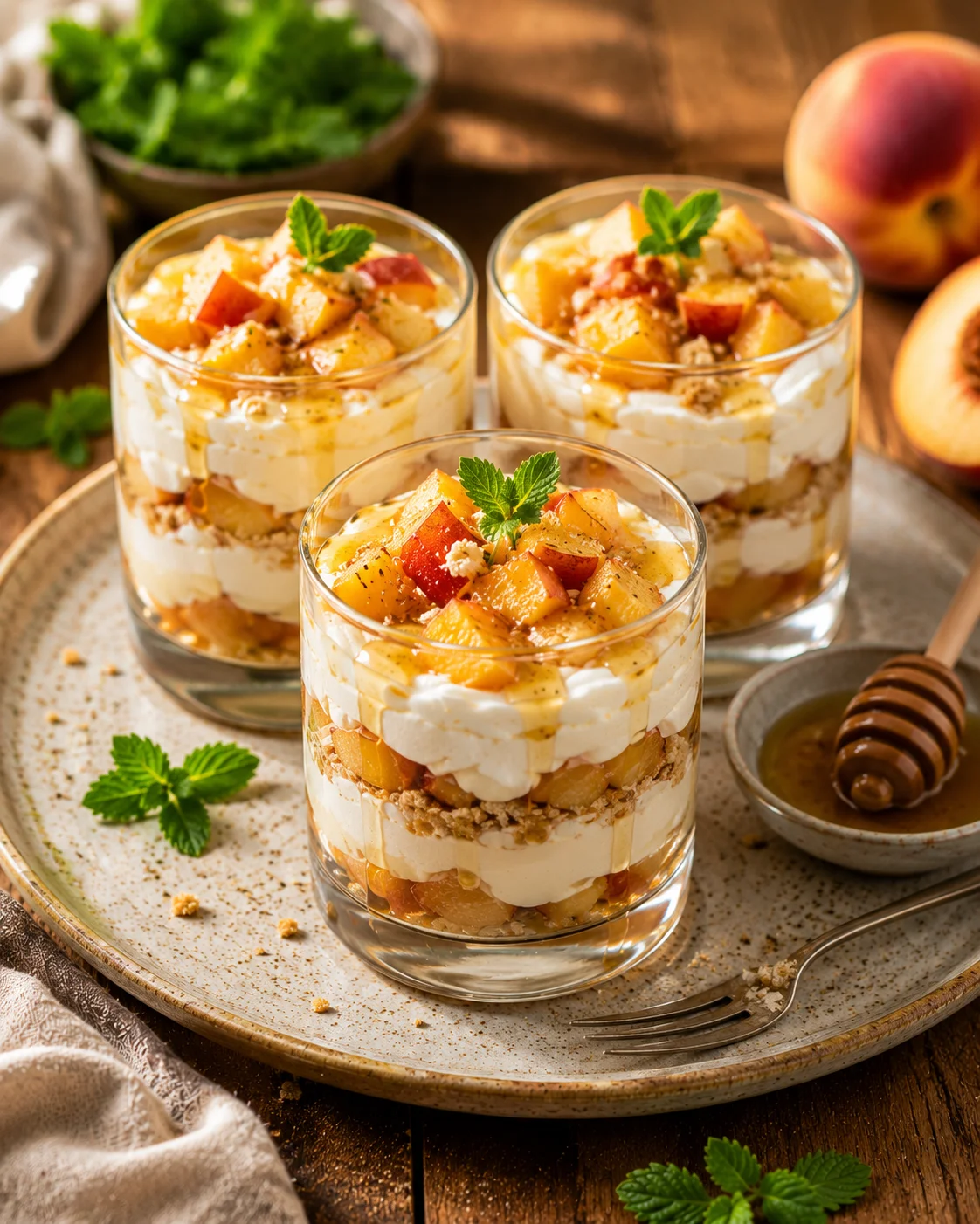 Verrines Pêche Mascarpone & Miel servies élégamment avec filet de miel et feuilles de menthe