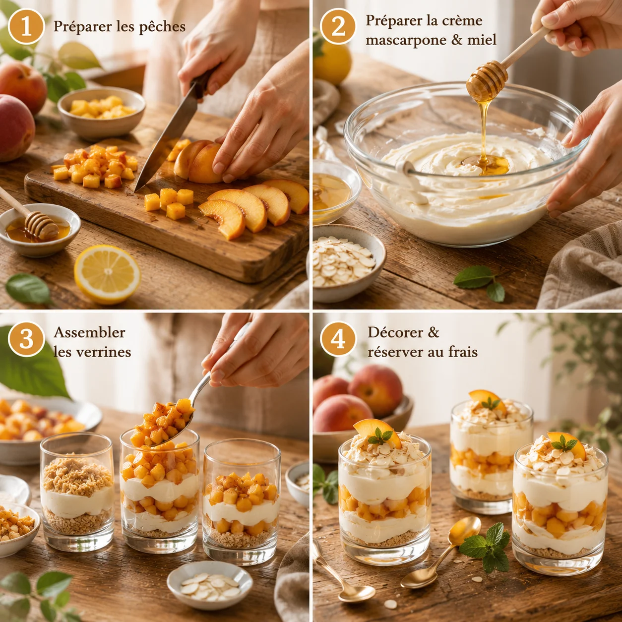 Étapes de préparation des Verrines Pêche Mascarpone & Miel couche par couche