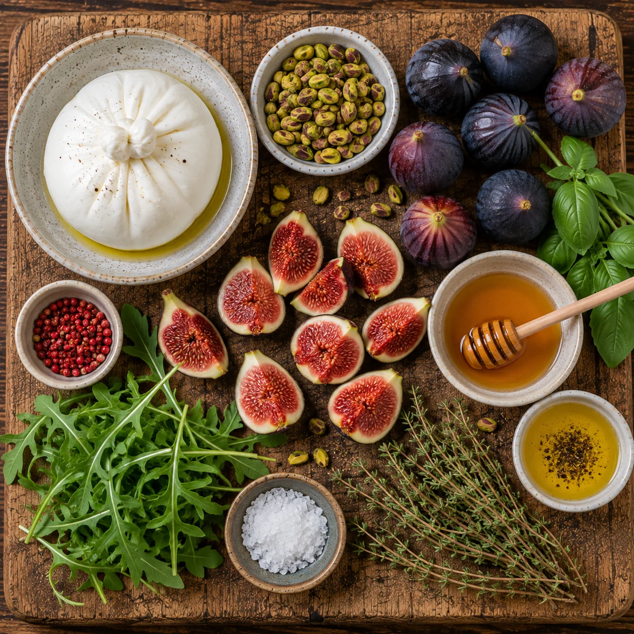 Burrata Figues Fraîches Miel & Pistaches ingrédients frais sur une planche en bois