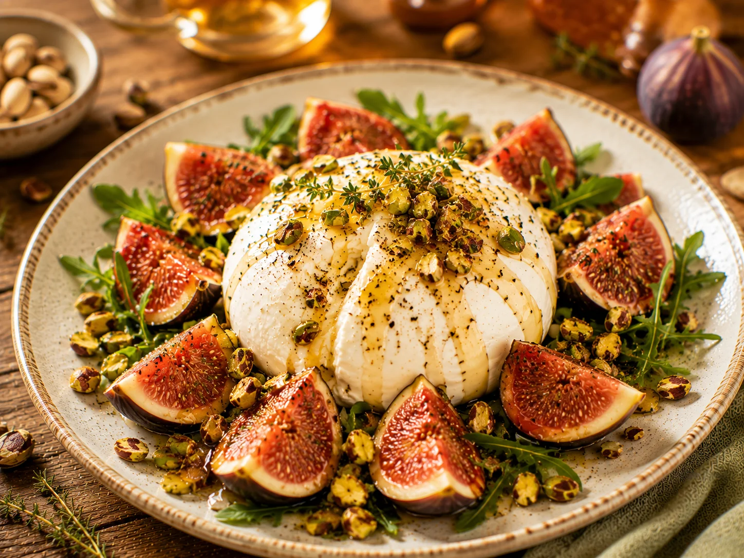 Burrata Figues Fraîches Miel & Pistaches dressée et servie en assiette de restaurant