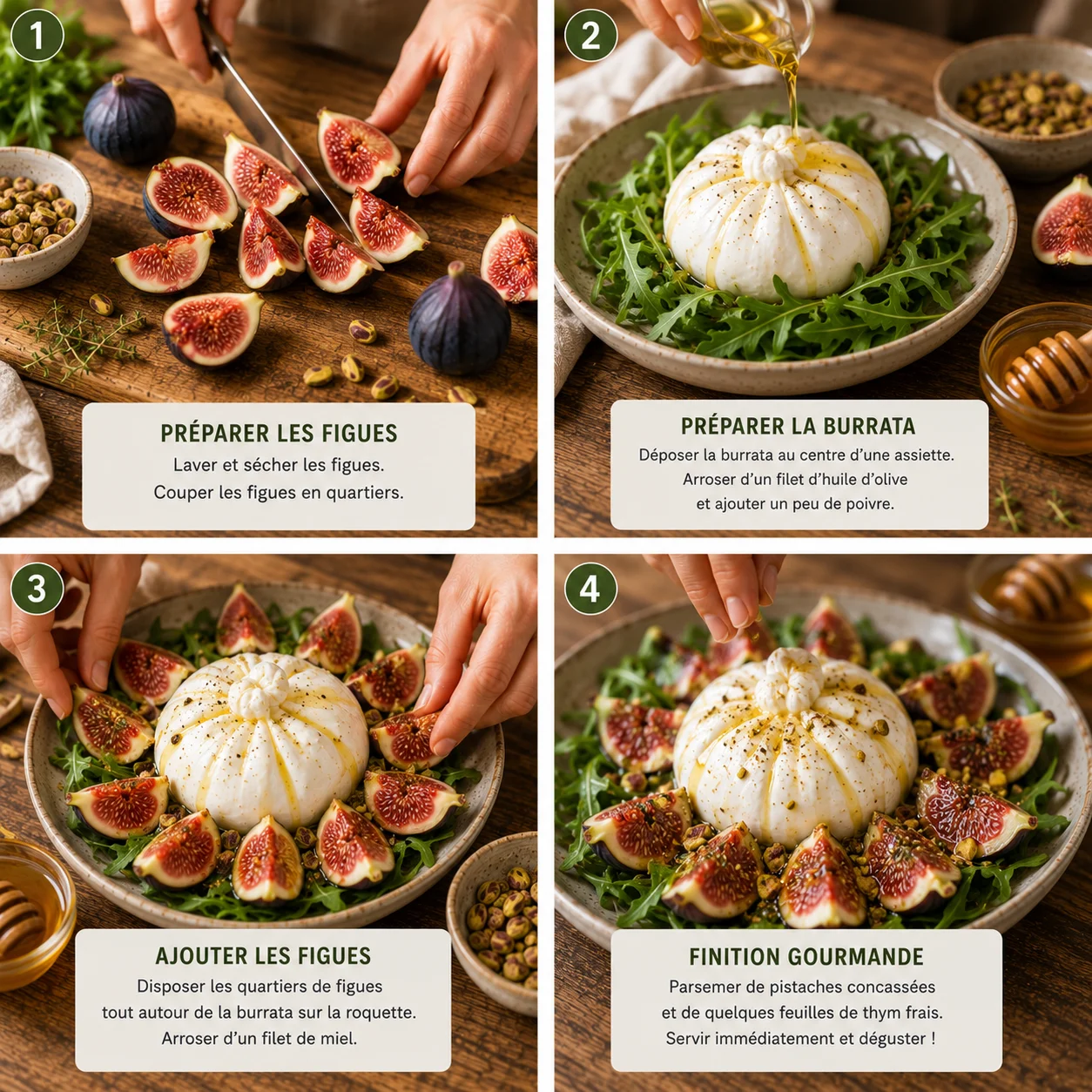 Burrata Figues Fraîches Miel & Pistaches étapes de préparation et dressage