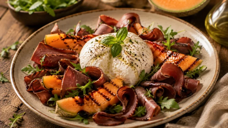 Burrata Melon Grillé & Jambon de Bœuf Fumé* recipe