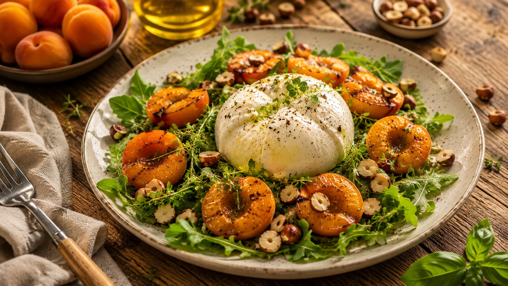 Salade Burrata Abricots Rôtis & Noisettes recipe