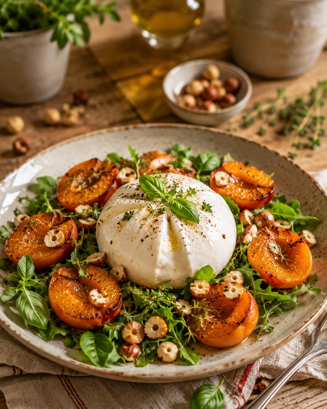 Salade Burrata Abricots Rôtis & Noisettes servie