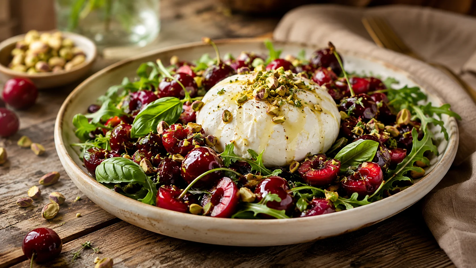 Salade Burrata Cerises Rôties & Pistaches recipe