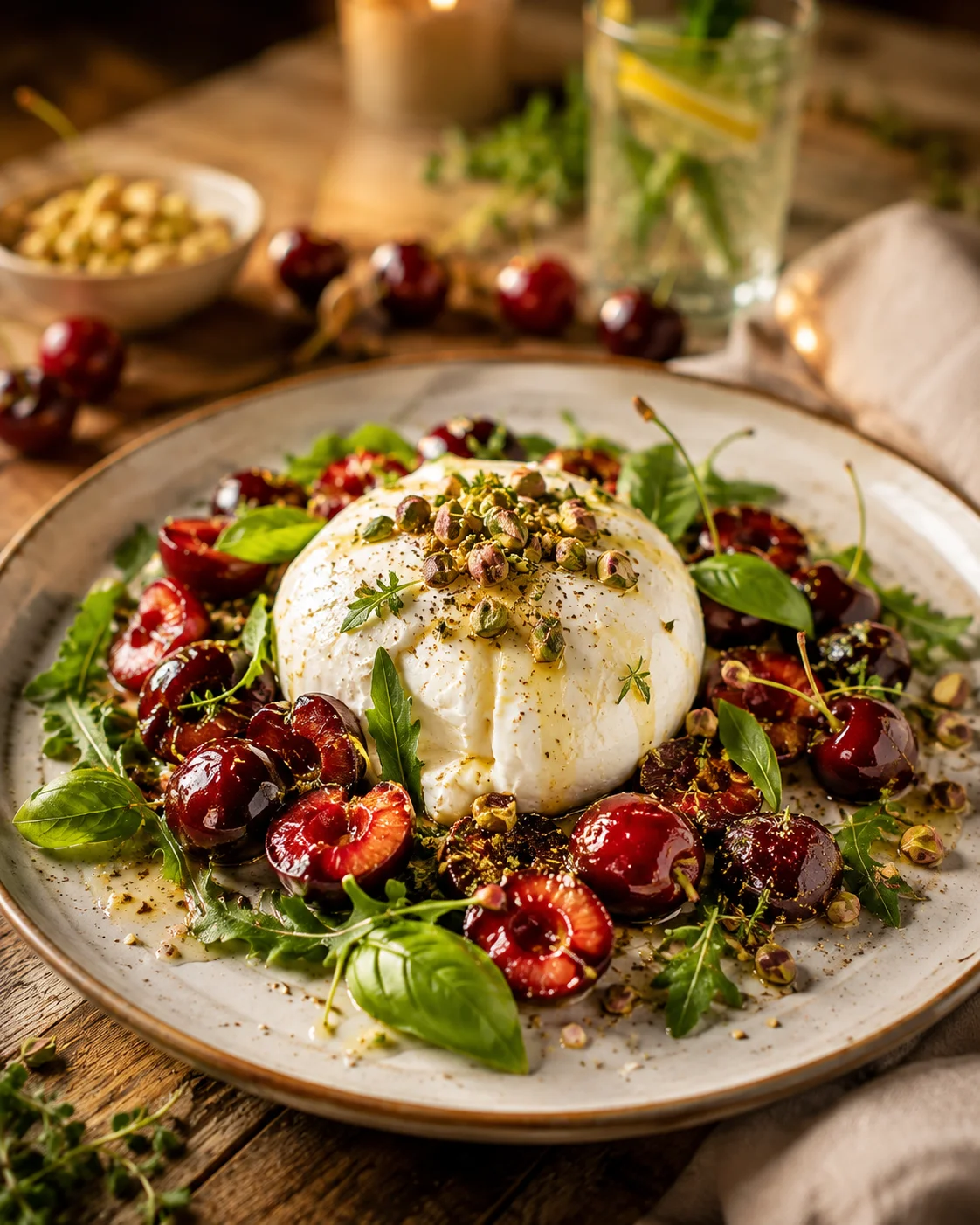 Salade Burrata Cerises Rôties & Pistaches dressée sur un plat blanc avec un filet d'huile d'olive