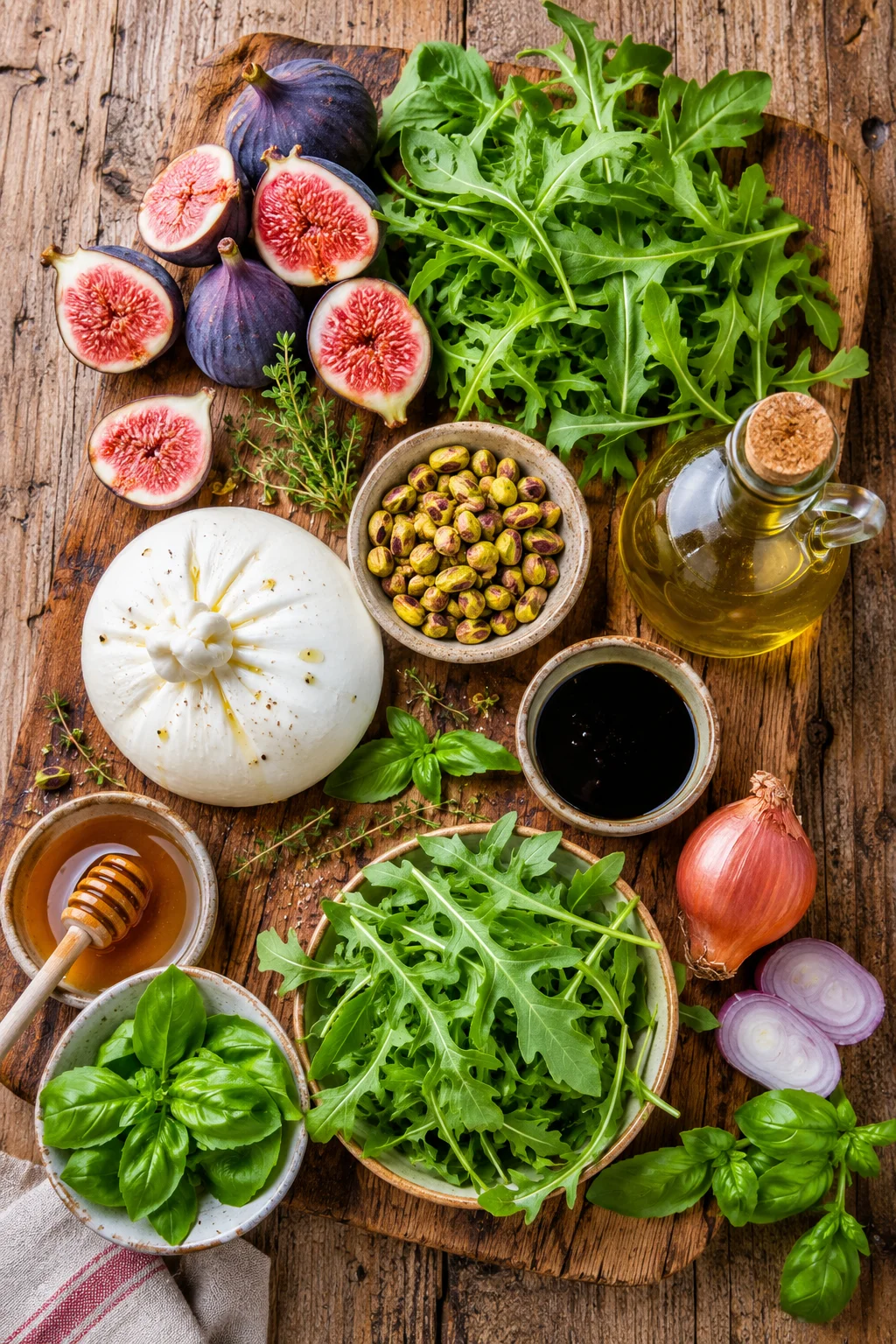 Ingrédients de la Salade Burrata Figues Rôties & Pistaches disposés sur une planche en bois