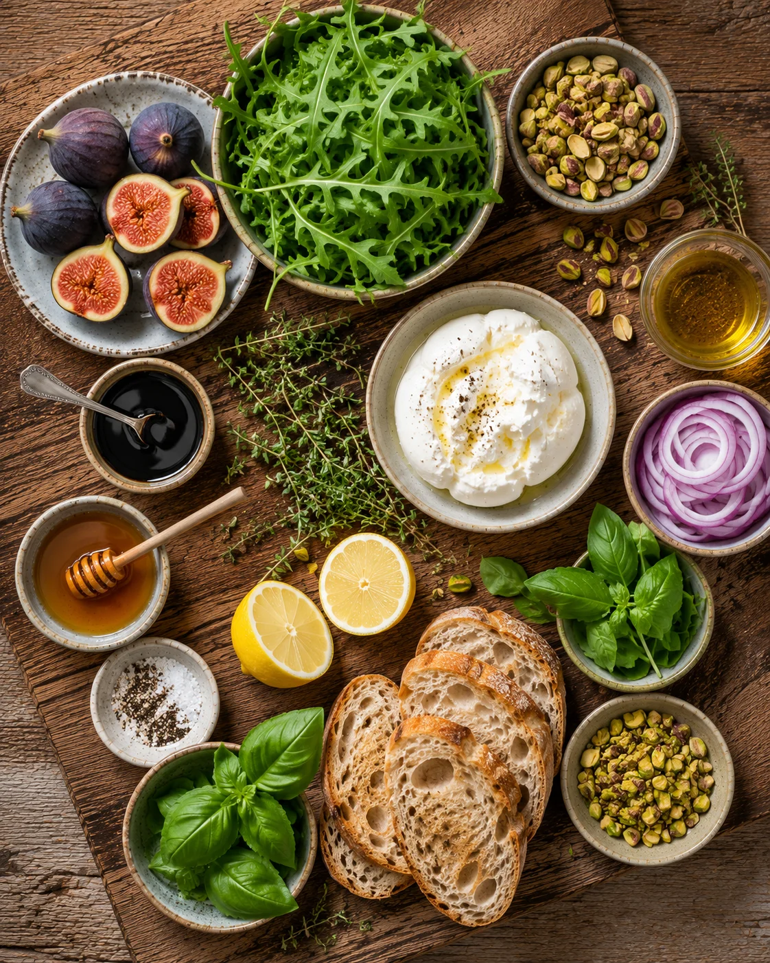 Ingrédients pour la salade burrata figues rôties et pistaches disposés sur une table en bois