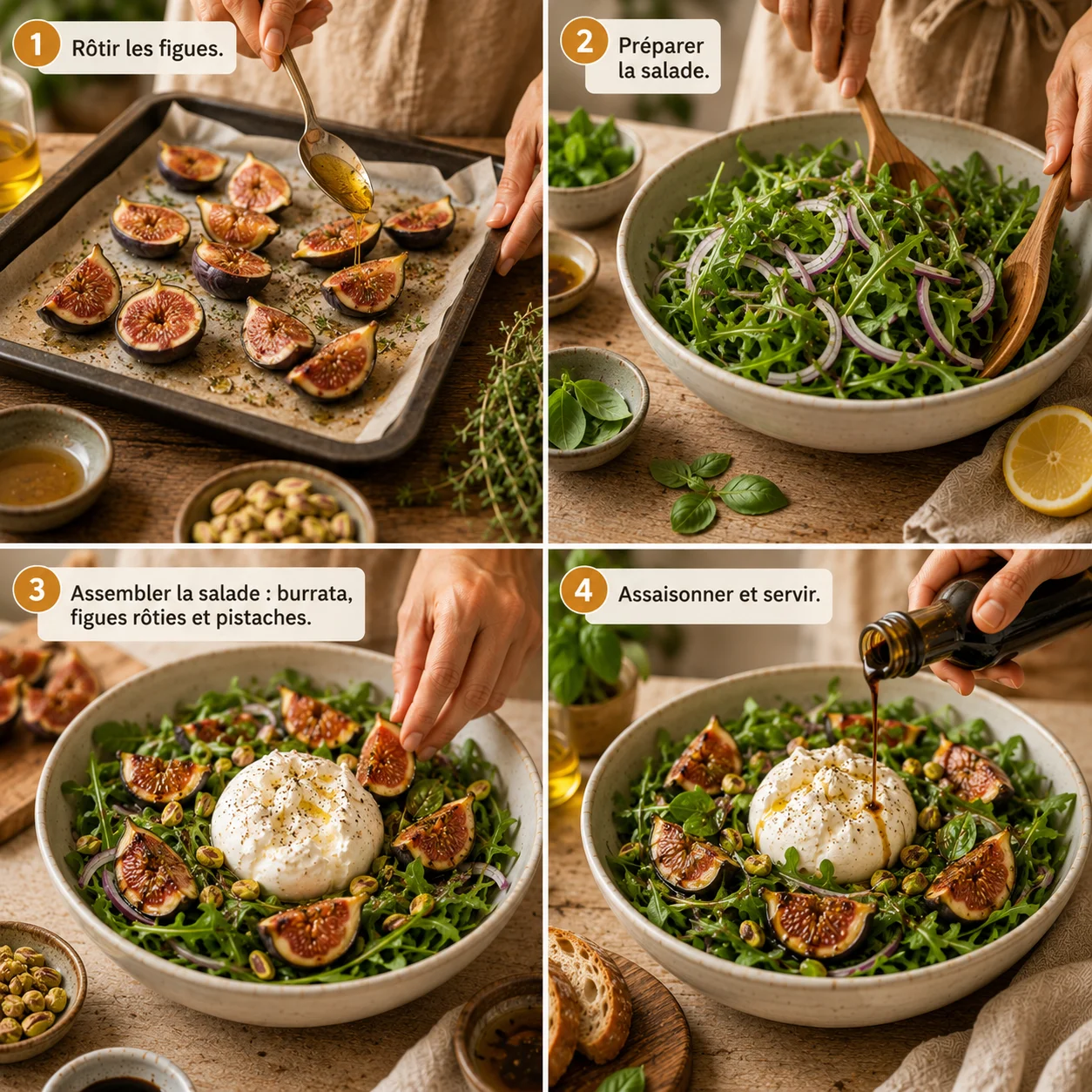 Étapes de préparation de la salade burrata figues rôties et pistaches, figues dorées au four