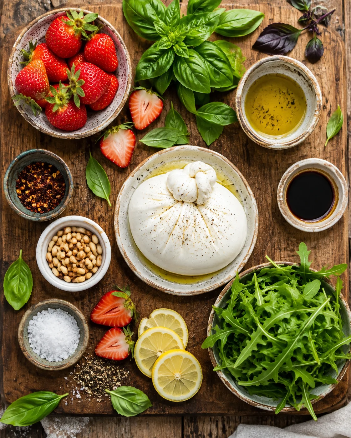 Salade Burrata Fraises Rôties & Basilic ingrédients frais sur table en bois