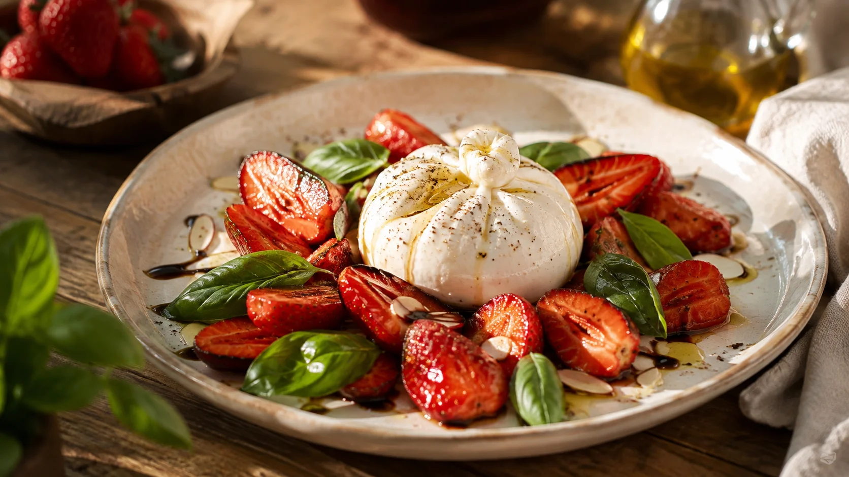 Salade Burrata Fraises Rôties & Basilic recipe