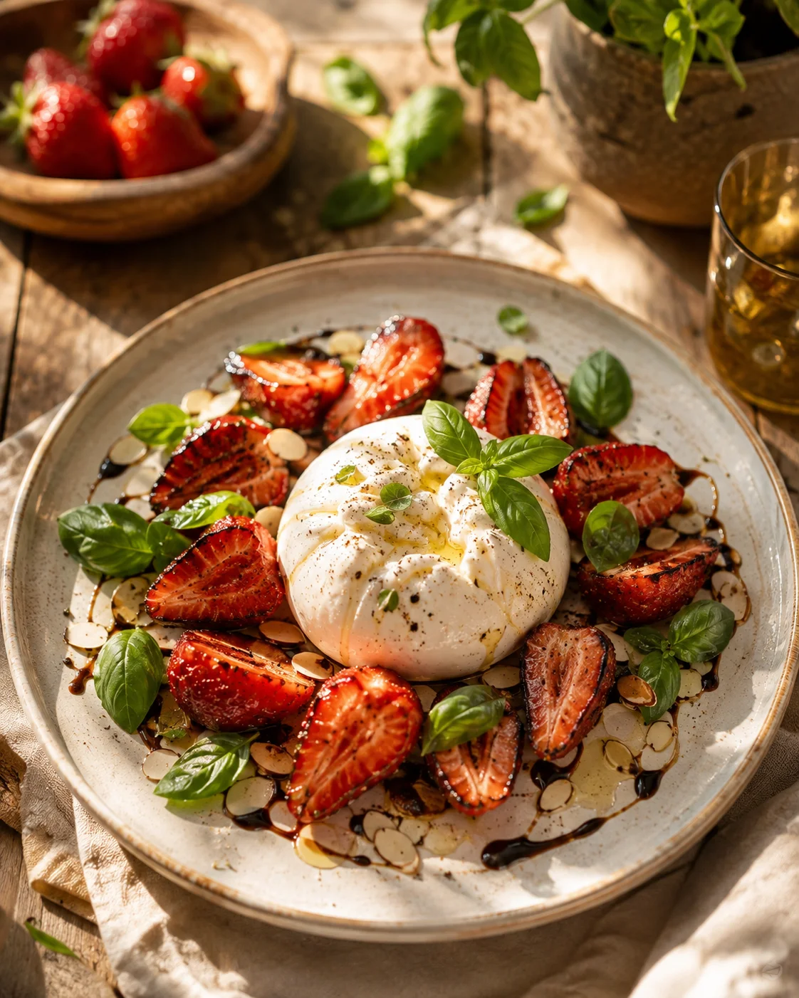 Salade Burrata Fraises Rôties & Basilic dressée dans une assiette avec vinaigre balsamique