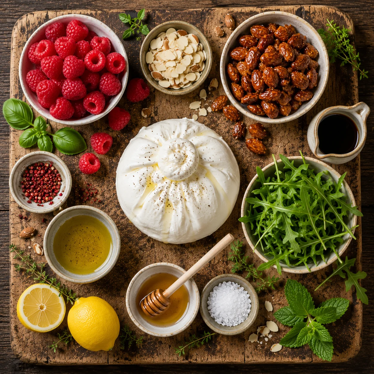 Ingrédients pour la Salade Burrata Framboises & Amandes Caramélisées disposés sur un plan de travail en marbre