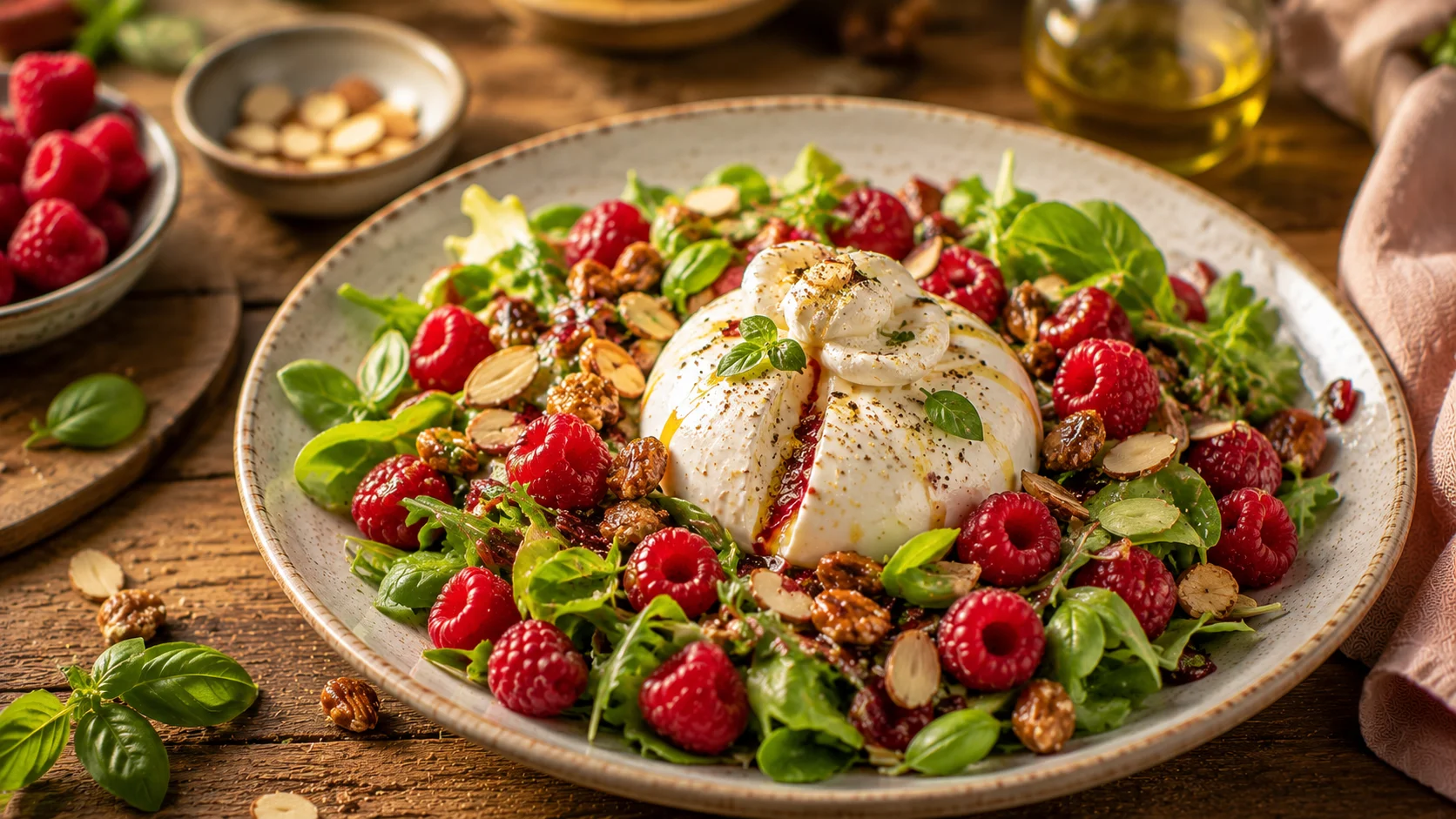 Salade Burrata Framboises & Amandes Caramélisées recipe
