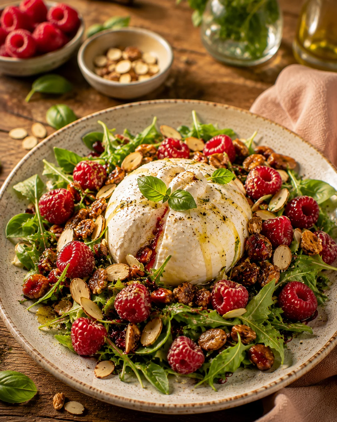Salade Burrata Framboises & Amandes Caramélisées servie en assiette élégante