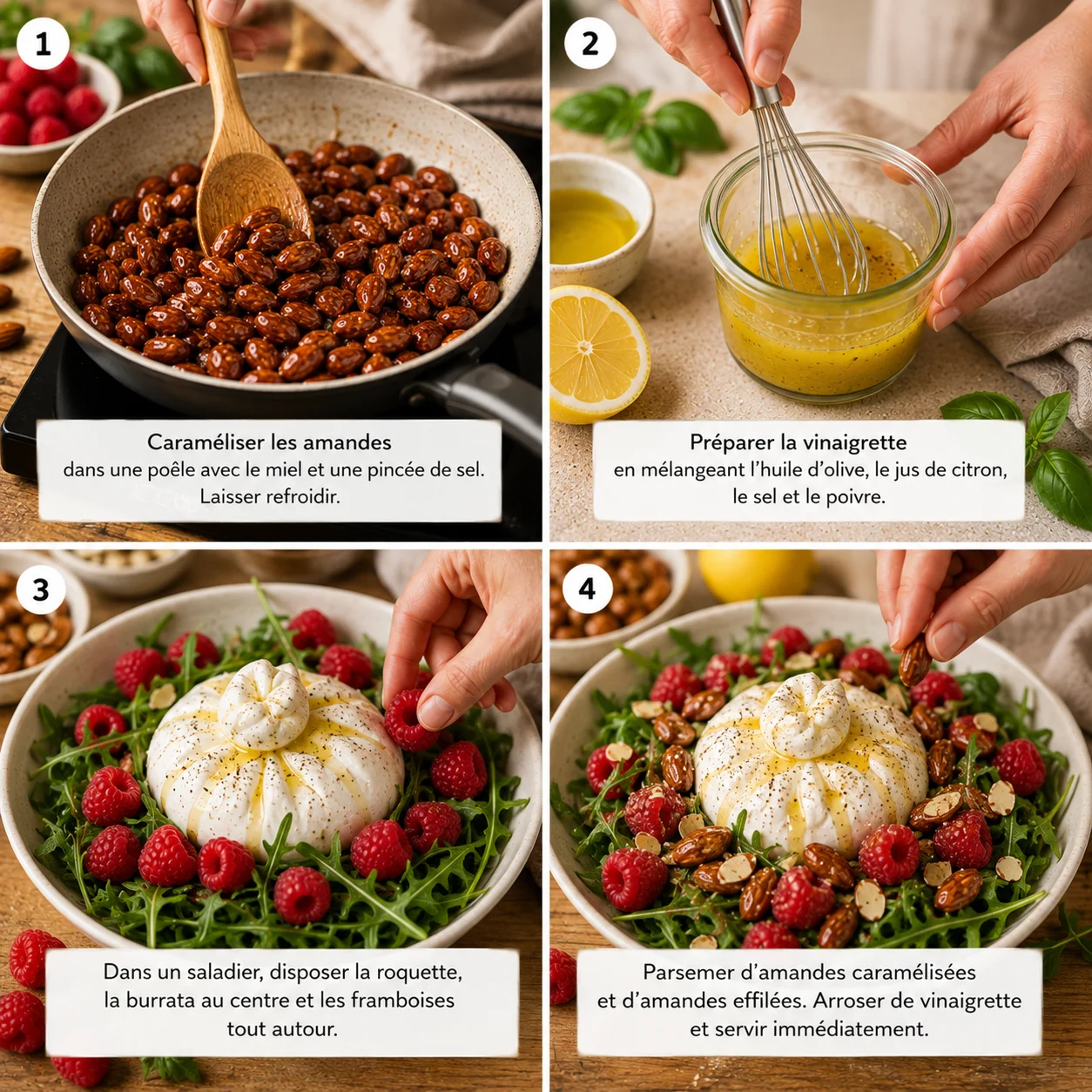 Étapes de préparation de la Salade Burrata Framboises & Amandes Caramélisées en cuisine