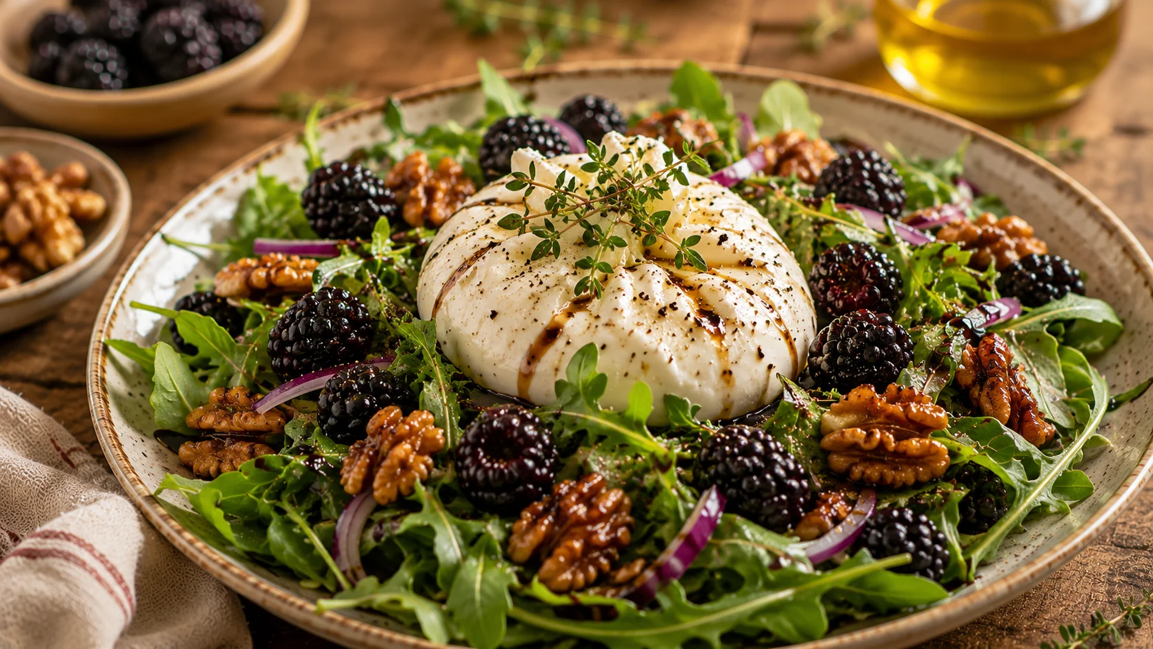 Salade Burrata Mûres & Noix Caramélisées recipe