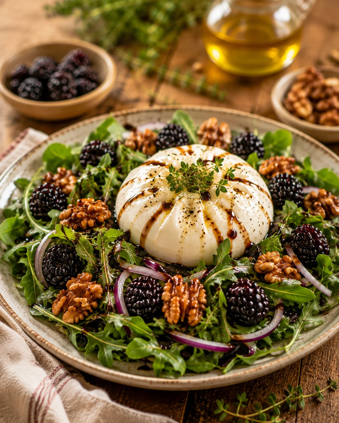 Salade Burrata Mûres & Noix Caramélisées servie dans un plat