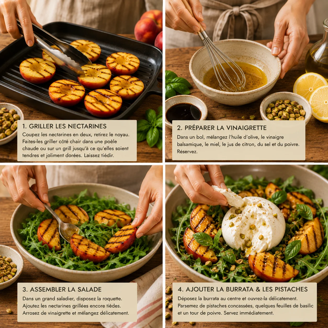 Étapes de préparation de la Salade Burrata Nectarines Grillées & Pistaches