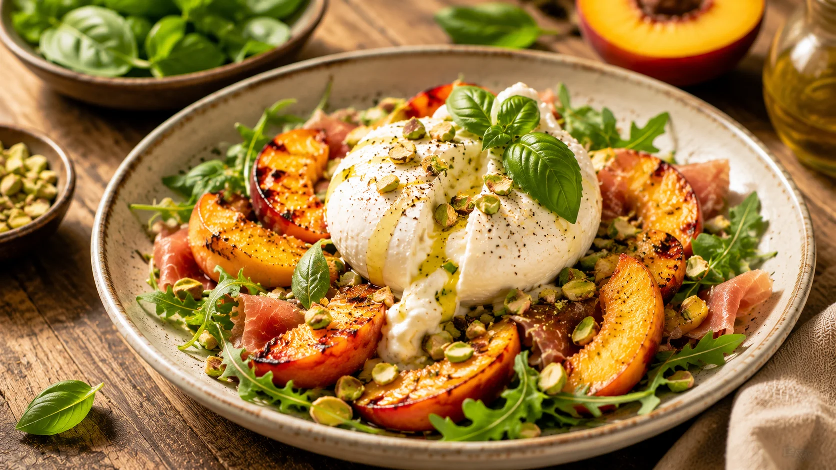 Salade Burrata Nectarines Rôties & Pistaches recipe