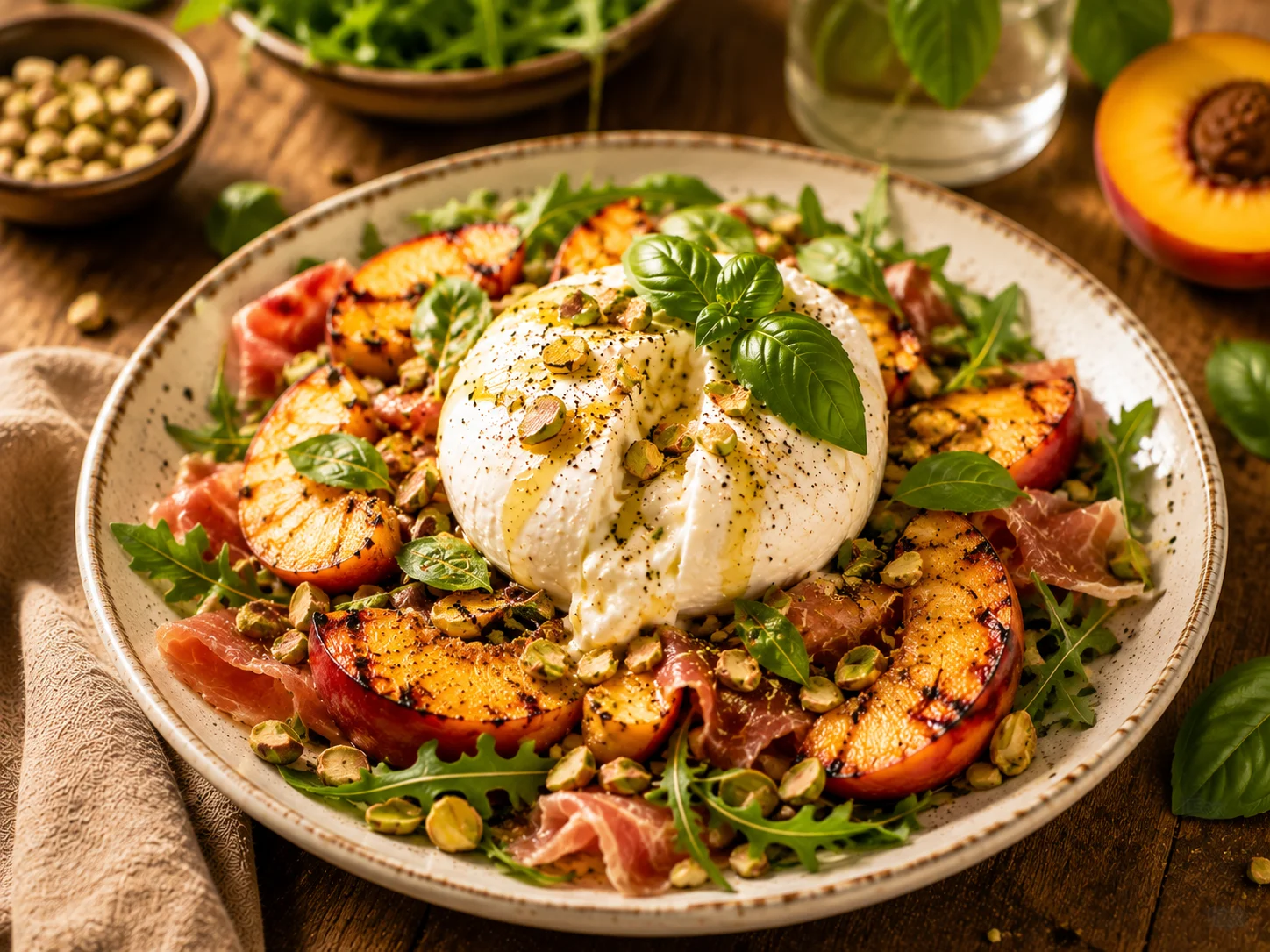 Salade Burrata Nectarines Rôties & Pistaches servie