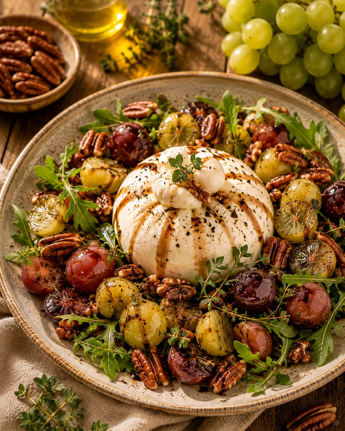 Salade Burrata Raisins Grillés & Noix de Pécan servie en assiette
