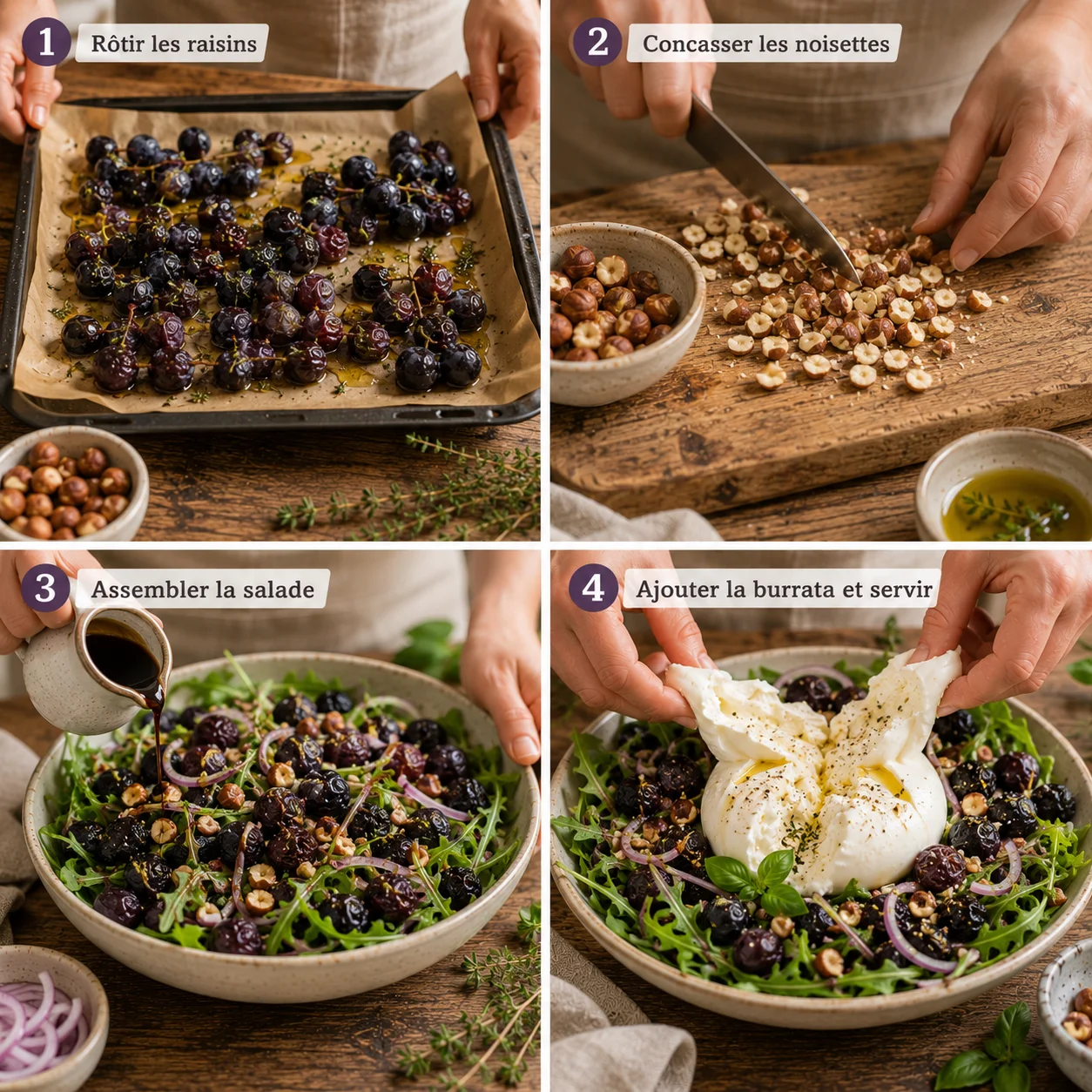 Salade Burrata Raisins Noirs Rôtis & Noisettes étapes de préparation