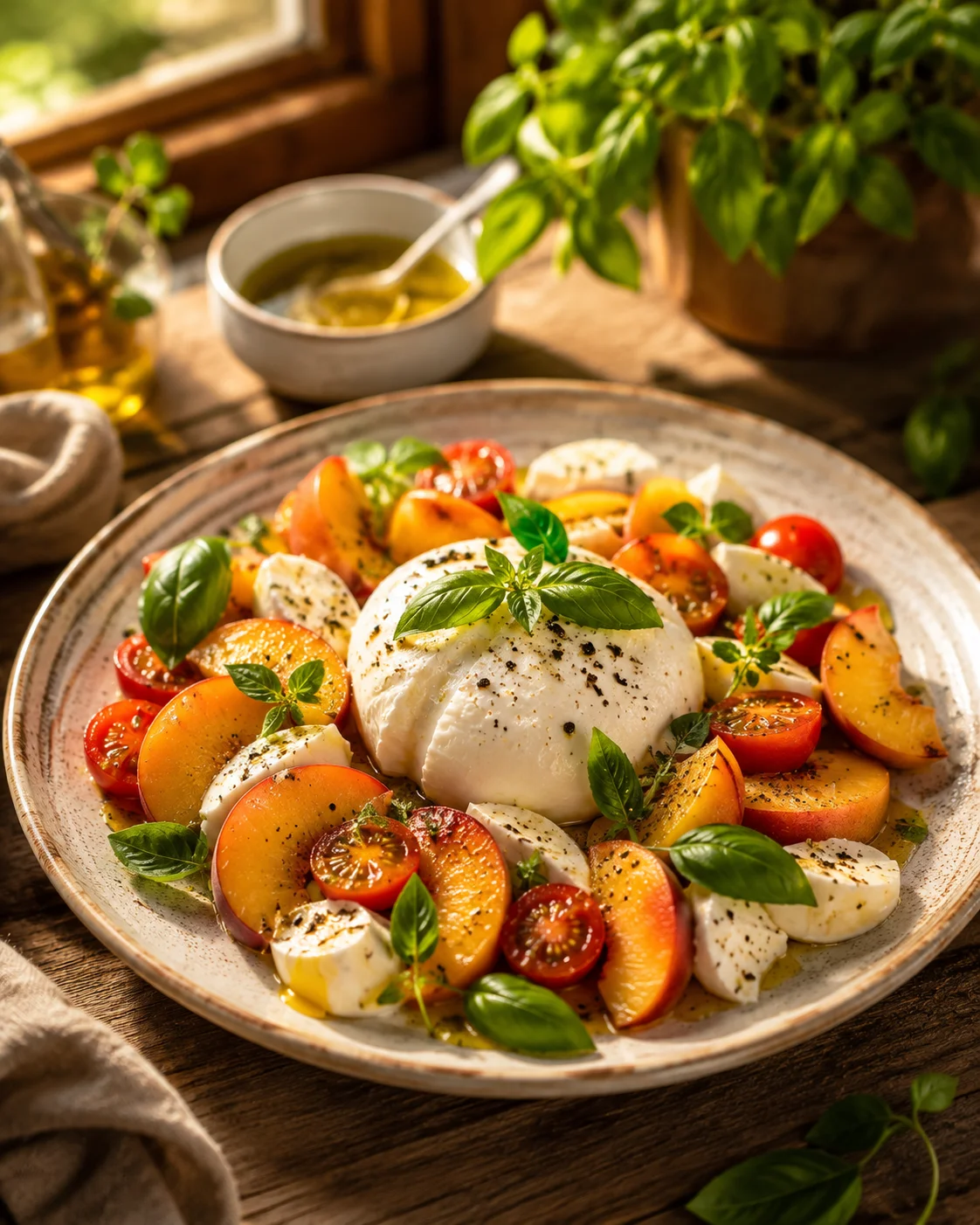 Salade Caprese Pêches Burrata & Basilic servie