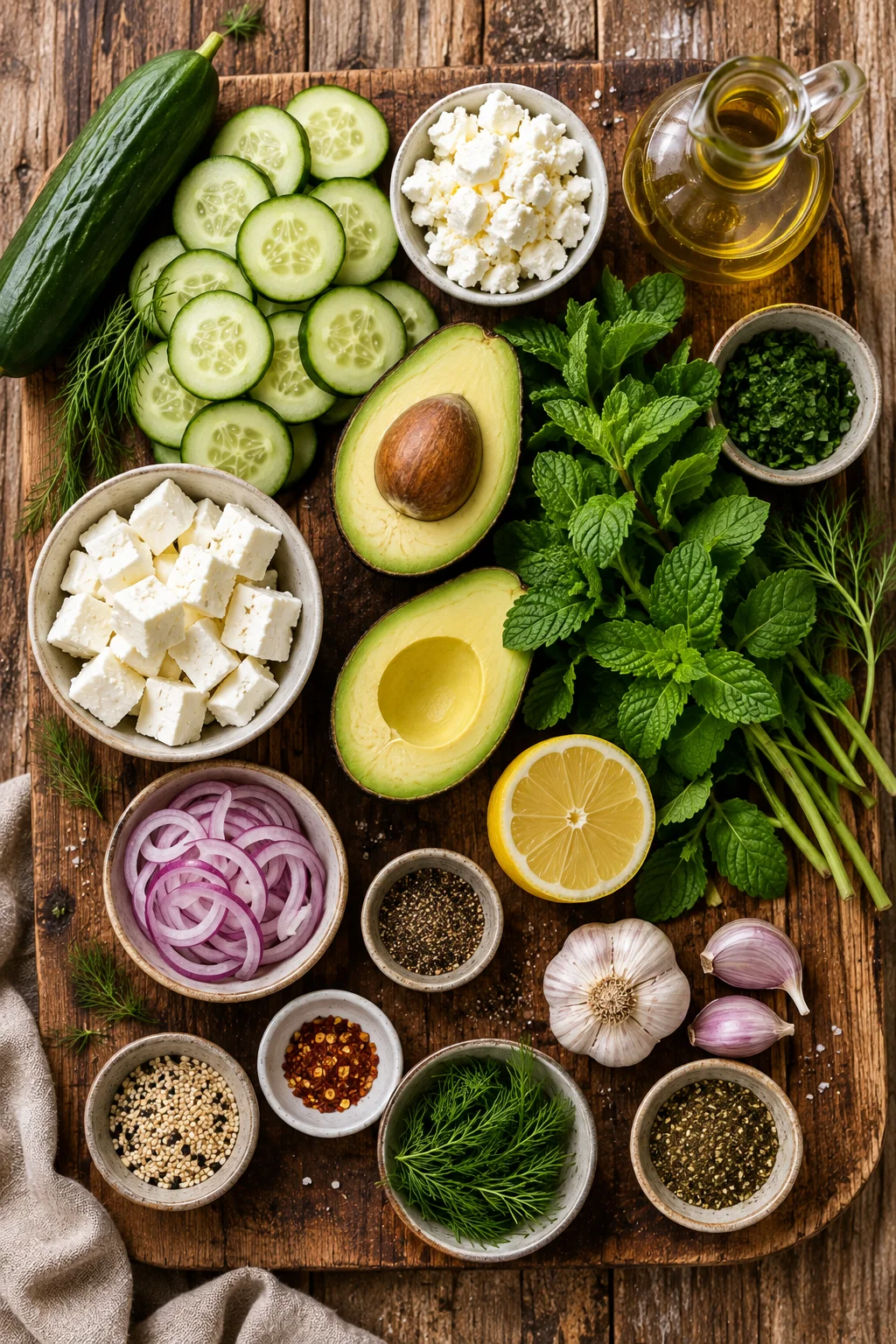 Ingrédients salade concombre écrasé avocat feta posés sur une planche en bois