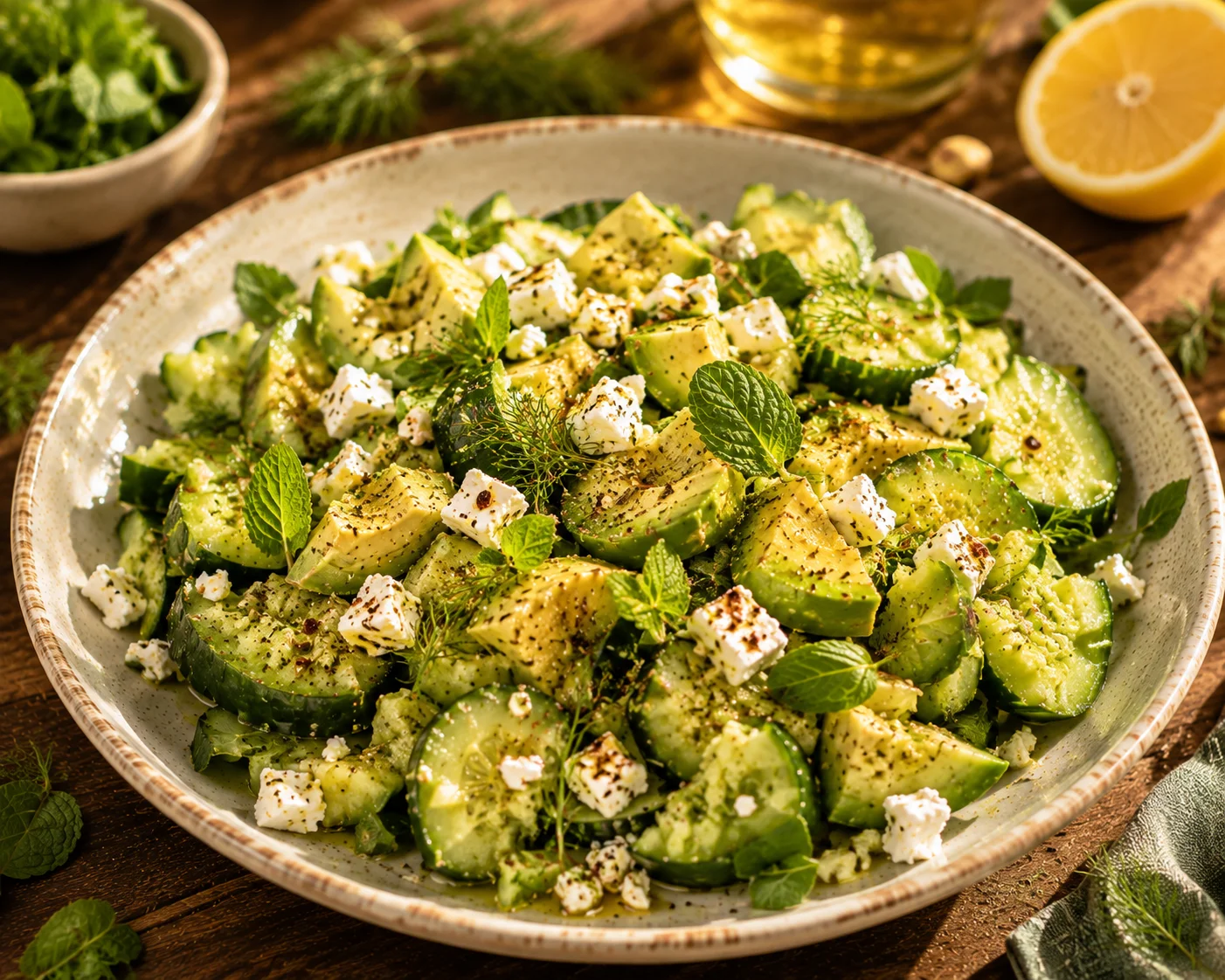 Salade concombre écrasé avocat feta servie dans un beau bol avec pain pita et herbes fraîches