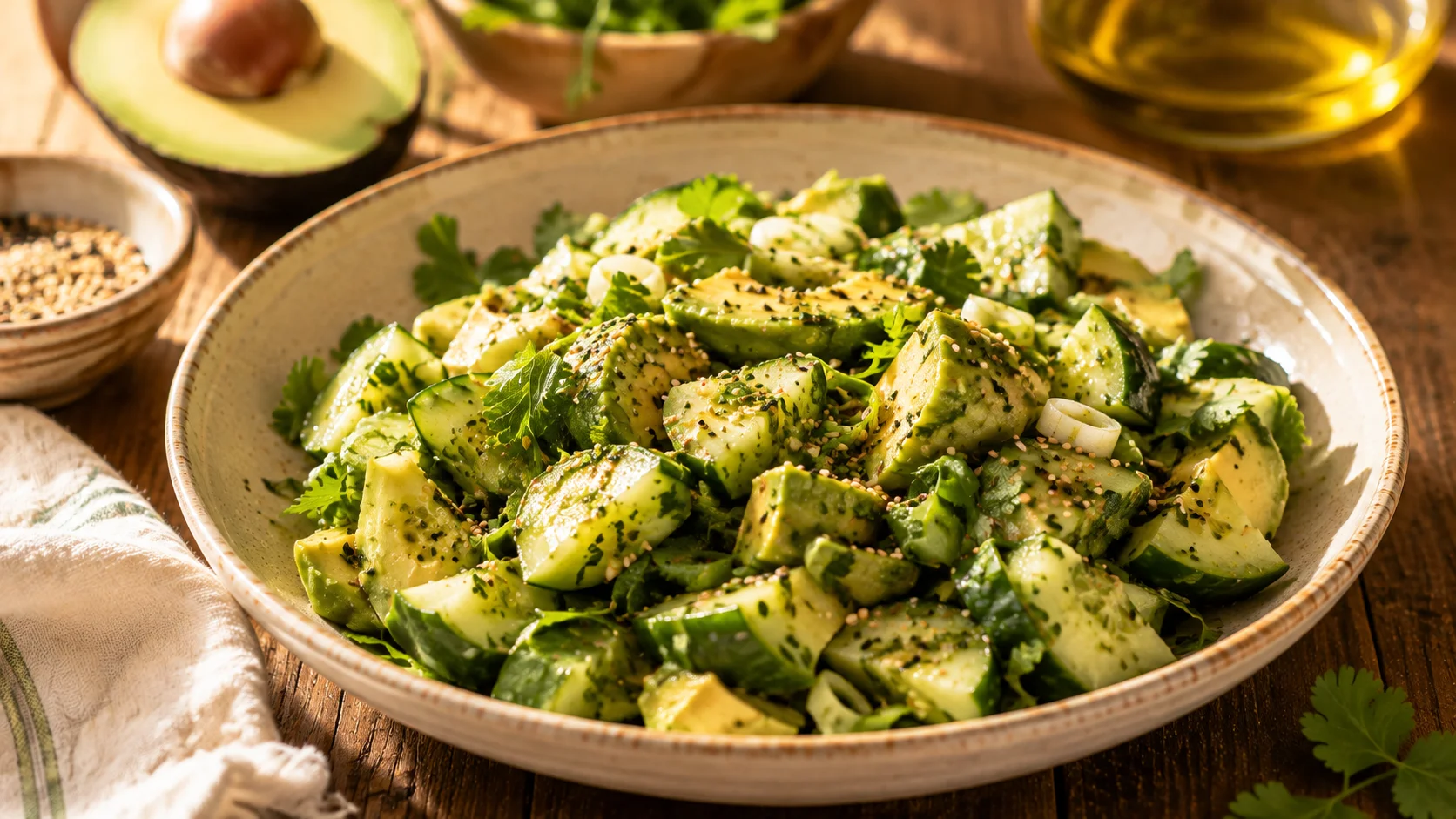 Salade Concombre Écrasé Avocat & Sésame recipe