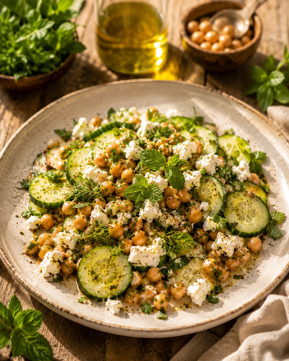 Salade Concombre Pois Chiches Croquants & Feta servie dans un beau bol