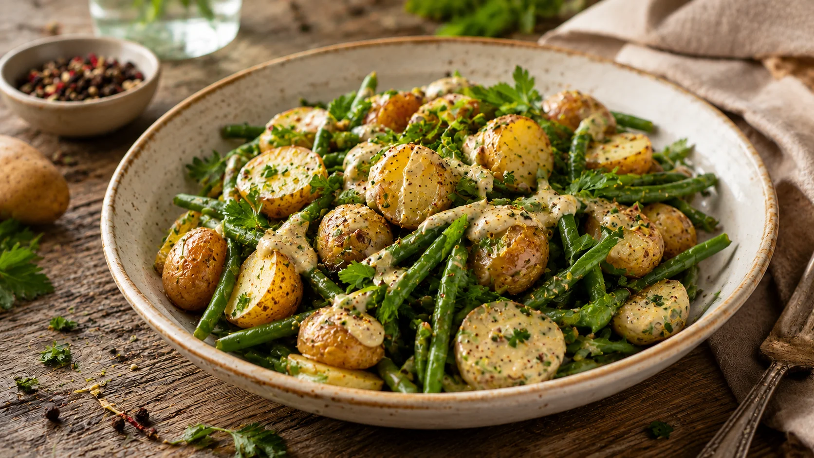 Salade Haricots Verts Pommes de Terre Grenaille & Sauce recipe