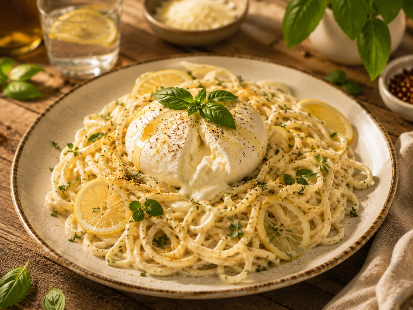 Salade Linguine Crémeuses Citron & Burrata servie dans un beau plat avec basilic frais