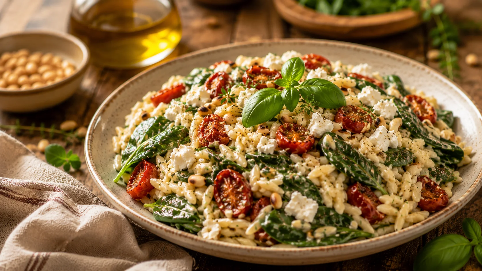 Salade Orzo Crémeux Épinards & Tomates Confites recipe