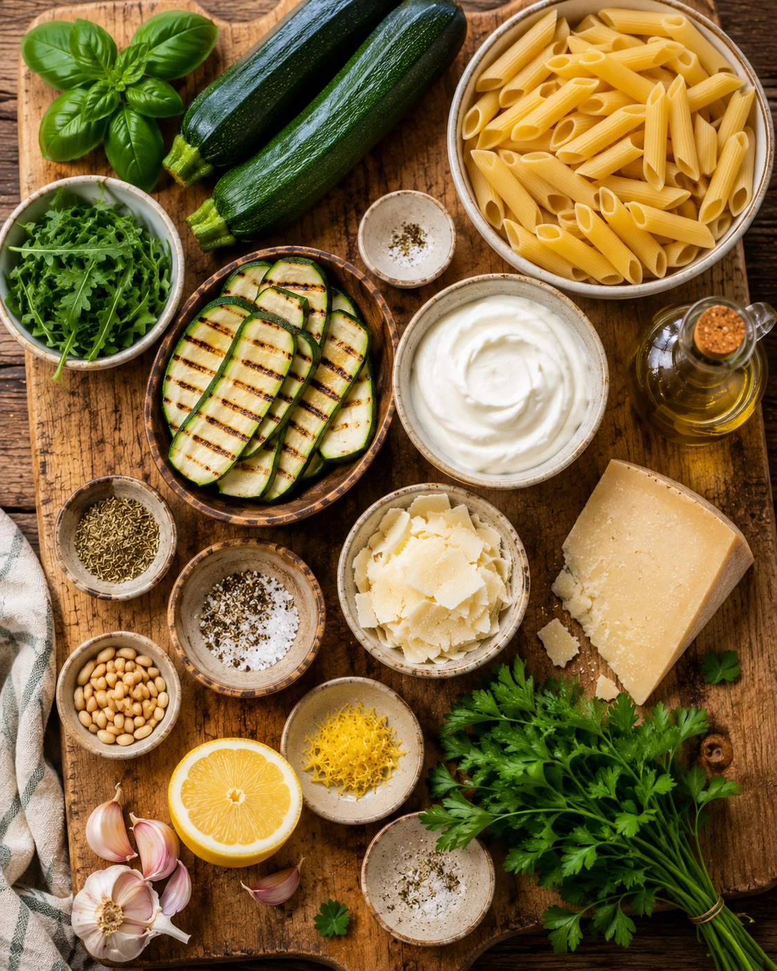 Ingrédients de la Salade Penne Crémeuse Courgettes Grillées & Parmesan disposés sur un plan de travail en bois