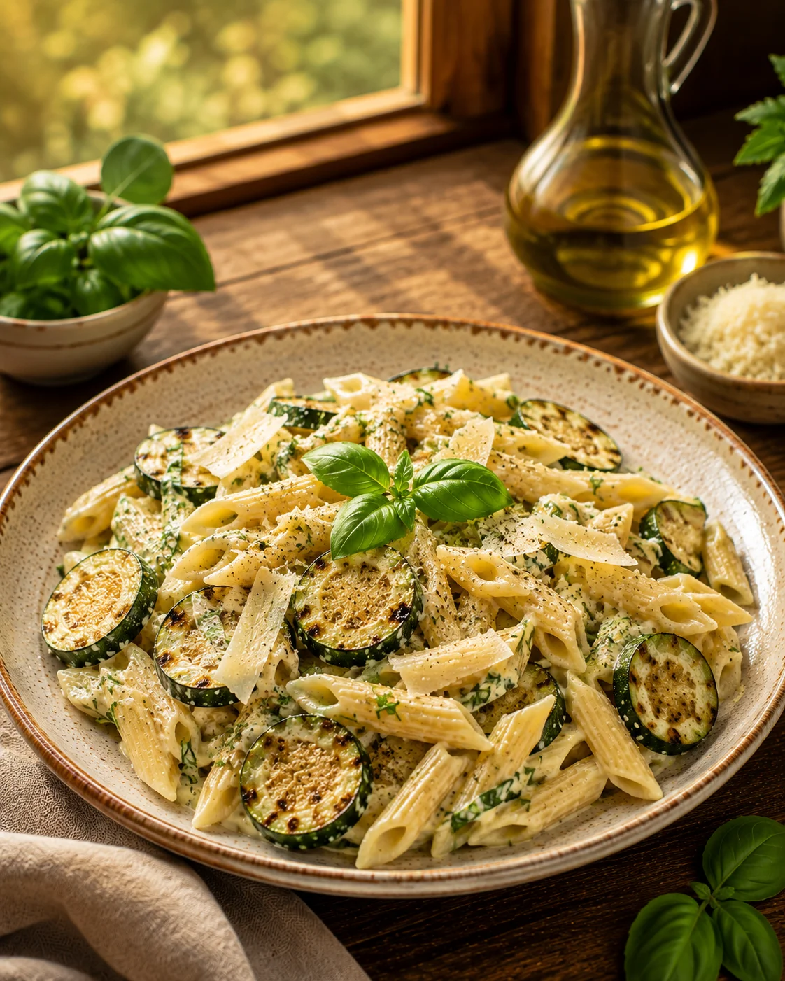 Salade Penne Crémeuse Courgettes Grillées & Parmesan servie dans un grand bol, parmesan râpé et basilic frais sur le dessus