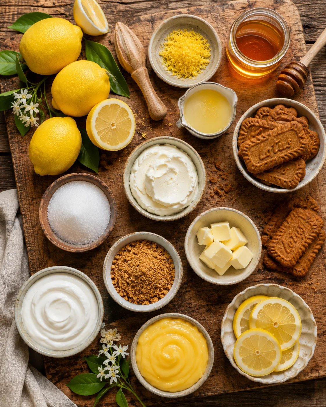 Ingrédients pour Verrines Citron Miel & Spéculoos : biscuits spéculoos, citrons frais, miel, crème fraîche